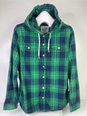 21Men Green Blue Plaid Hooded Long Sleeve Flannel Shirt Men's Size Small